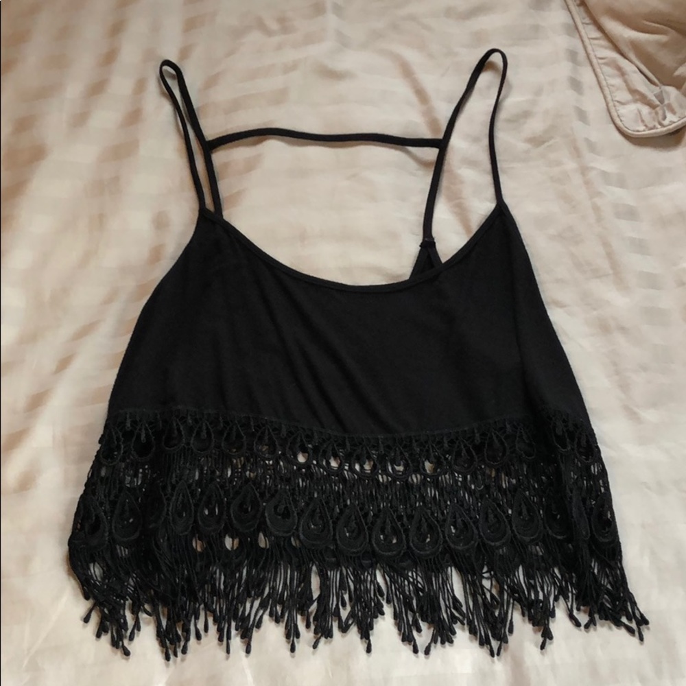 Black Lucy Love tank with crocheted fringe